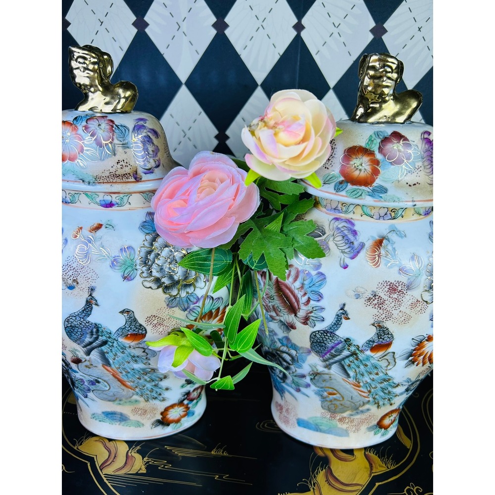 Vintage Chinoiserie Peacock Ginger Jars Gold Foo Dog Lid Pair 15.5" - Picture 17 of 17